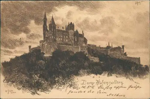 Ansichtskarte Hechingen Burg Hohenzollern Federzeichnung Künstlerkarte 1900