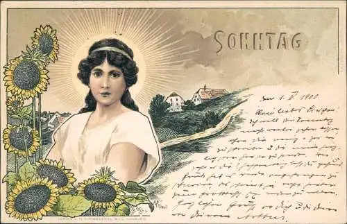 Künstlerkarte Sonntag Frau Sonne Sonnenblume Jugendstil 1900    Schlawe Pommern