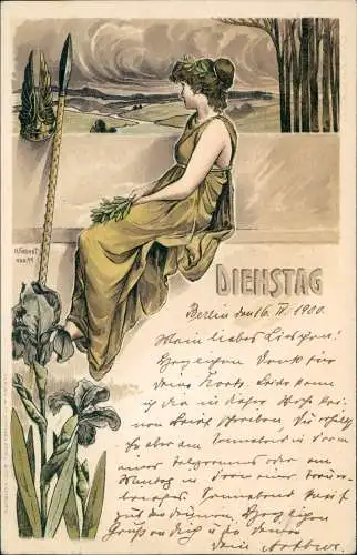 Ansichtskarte  Künstlerkarte Dienstag Frau Jugendstil 1900  Stempel Schlawe