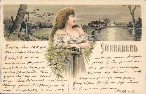 Ansichtskarte  Künstlerkarte Jugendstil Frau Sonnabend Landschaft 1900