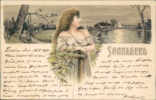 Ansichtskarte  Künstlerkarte Jugendstil Frau Sonnabend Landschaft 1900