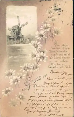 Ansichtskarte  Künstlerkarte Blumen Windmühle 1900  gel. Stempel Schlawe Pommern