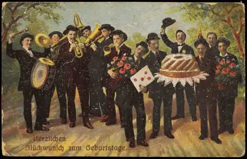 Ansichtskarte  Glückwunsch Geburtstag Birthday Männer Kapelle Kuchen 1920