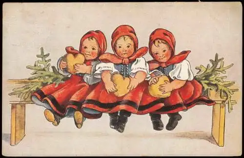 Weihnachten Christmas Künstlerkarte Mädchen mit herzen auf Bank 1919