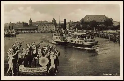 Ansichtskarte Konstanz Hafen Dampfer musizierende Frösche 1937  Bahnpoststempel