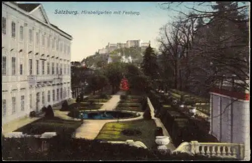 Ansichtskarte Salzburg Mirabellgarten mit Festung. 1914