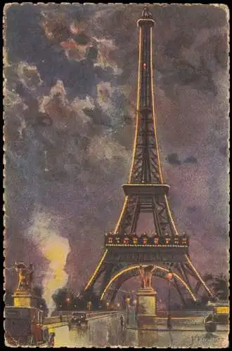 CPA Paris Eiffelturm Tour Eiffel Künstlerkarte Mondschein 1928