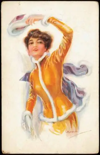 Ansichtskarte  Künstlerkarte Mode Kleidung schöne Frau orange Jacke 1917