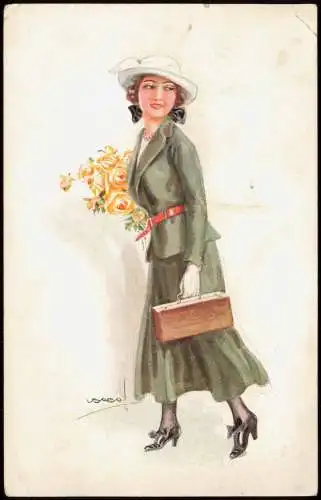 Ansichtskarte  Künstlerkarte Mode Kleidung Frau elegant gelbe Rosen 1918