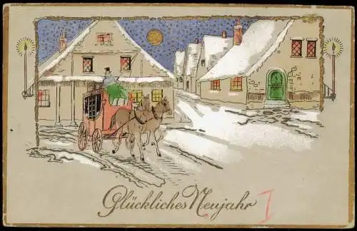 Neujahr Sylvester New Year Postkutsche in der Stadt GOLD 1920  Prägekarte