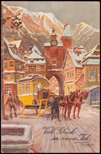 Ansichtskarte  Neujahr Sylvester New Year Postkutsche im Winter Stadt 1922