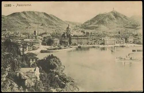 Como Panorama-Ansicht, Teilansicht Partie am See, einlaufendes Schiff 1900