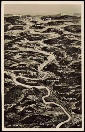 Ansichtskarte Mettlach Landkarten das Saartal: Saarburg Merzig Seerig 1929