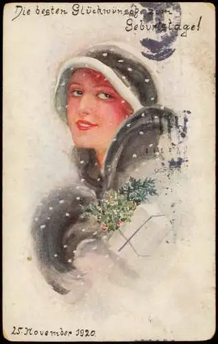 Ansichtskarte  Künstlerkarte Mode Kleidung schöne Frau im Winter 1919