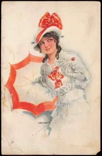 Künstlerkarte Mode Kleidung schöne Frau weißes Kleid Schirm 1916