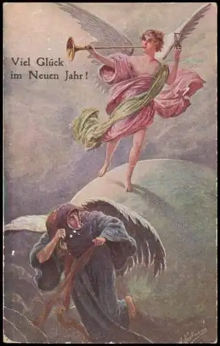 Neujahr Sylvester New Year Engel mit Posaune Erzengel Angel 1913