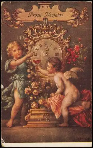 Neujahr Sylvester New Year Engel Angel und Junge vor großer Uhr 1912