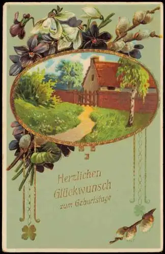 Gehöft Birken Veilchen Glückwunsch Geburtstag Birthday 1909 Goldrand