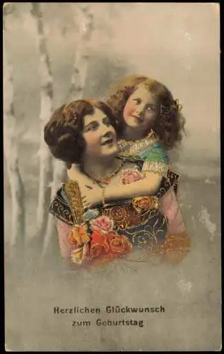 Glückwunsch Geburtstag Birthday Mutter und Tochter 1915 Goldrand