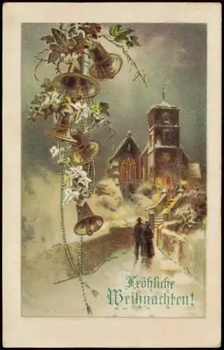 Ansichtskarte  Weihnachten Christmas Glocken weg zur Kirche 1917 Goldrand