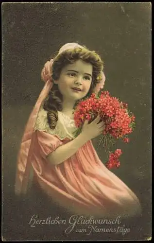 Ansichtskarte  Geburtstag Birthday Mädchen mit rosa Kleid und Blumen 1914