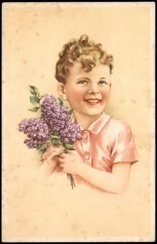 Ansichtskarte  lächelnder Junge mit Locken und Fliederblumenstrauß 1943