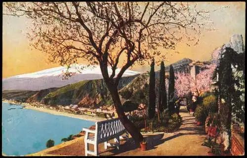 Cartoline Taormina Giardino Duca di Bronte, Panorama-Blick zum Meer 1910