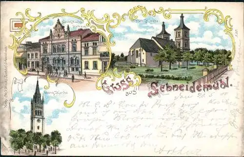 Litho AK Schneidemühl Piła (miasto) Neuer Markt Kirchen Gruss aus 1900   Pommen