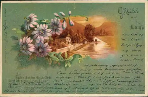 Ansichtskarte  Stimmungsbild Ort am Fluss Blumen 1900 A Stempel Schlawe Pommern