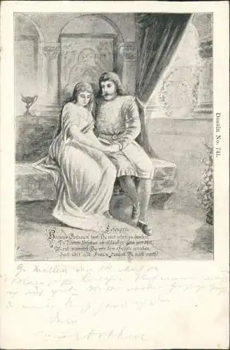 Liebe Liebespaare - Love Lohengrin Mittelalter Künstlerkarte 1900