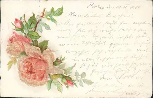 Ansichtskarte  Künstlerkarte rote Rosen 1900 Perlen  gel. Stempel Cöslin Pommern