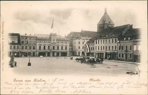 Postcard Köslin Koszalin Marktplatz Geschäfte Fahnen 1900  Pommern