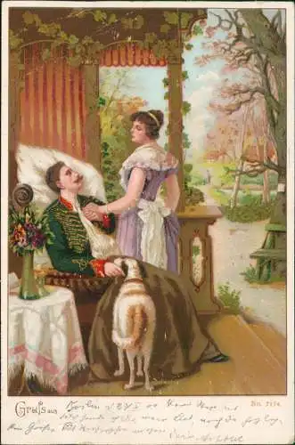 Ansichtskarte  Soldat im Sessel Frau Liebespaar Liebe Love 1900