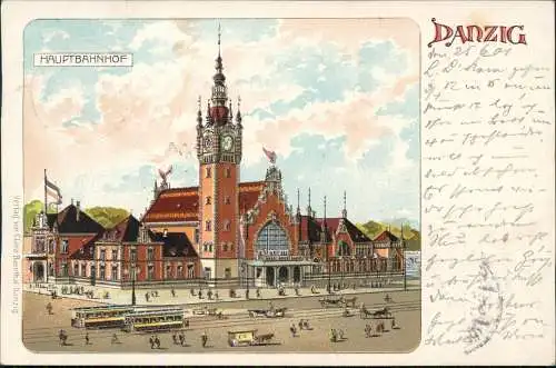 Postcard Danzig Gdańsk Gdańsk Główny Hauptbahnhof Künstlerkarte 1901