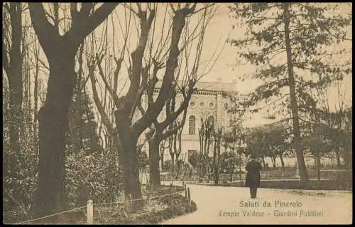 Pinerolo Saluti da Pinerolo Tempio Valdese Giardini Pubblici 1910