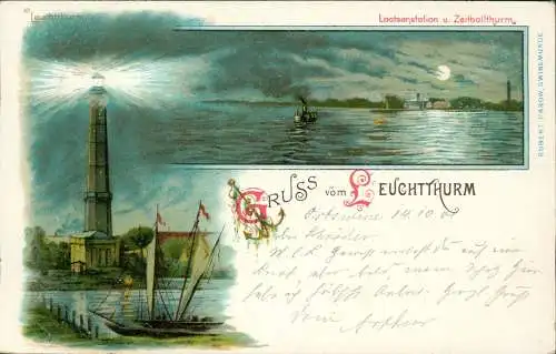 Litho AK Osternothafen  Swinemünde Świnoujście Leuchtturm bei Mondschein 1901