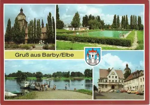 Ansichtskarte Barby Marienkirche, Freibad, Elbfähre, Markt mit Rathaus 1988