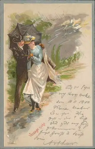 Liebe Liebespaar  Regenschwirm Love Gewitter Künstlerkarte 1900   Schneidemühl