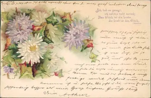 Ansichtskarte  Künstlerkarte Blumen und Efeu 1900  gel. Stempel Schlawe Pommern