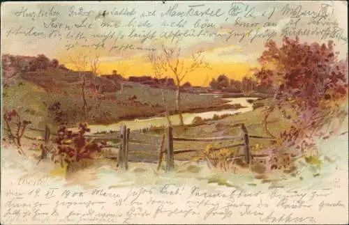 Künstlerkarte Stimmungsbild Herbst Landschaft   1900 Stempel Schlawe Pommern