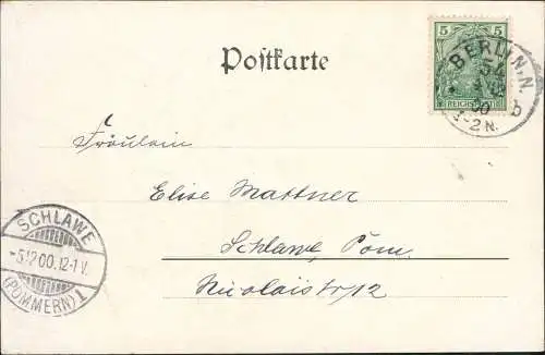 Künstlerkarte Landschaft Schwan im Weinlaub 1900  gel. Stempel Schlawe Pommern