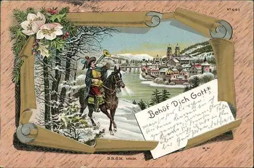 Künstlerkarte Trompter im Winter vor der Stadt Behüt Dich Gott! 1900 Goldrand