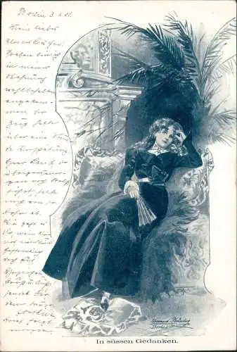 Ansichtskarte  Künstlerkarte In süßen Gedanken schöne Frau auf Sofa 1901