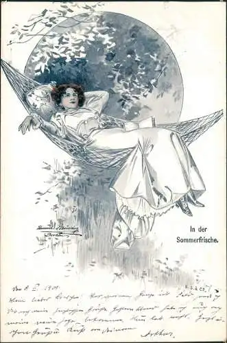 Ansichtskarte  schöne Frau Hängematte In der Sommerfrische 1901 gel. Schlawe