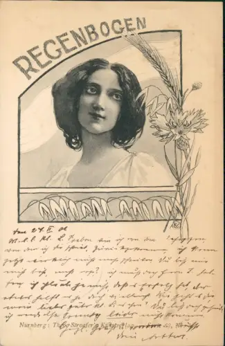 Künstlerkarte Regenbogen schöne Frau Kornblume JUGENSTIL ART 1901