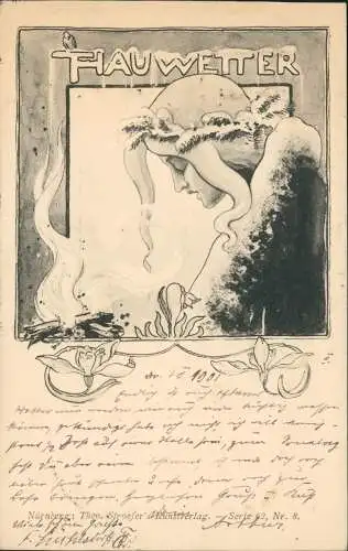 Ansichtskarte  Künstlerkarte Tauwetter schöne Frau JUGENDSTIL ART 1901