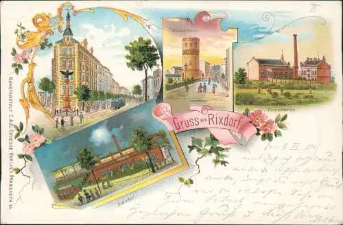 Litho AK Neukölln-Berlin Rixdorf Straße Bahnhof Pumpstation Gruss aus 1901