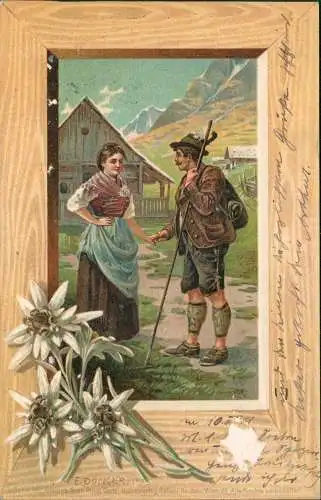 Ansichtskarte  Künstlerkarte Liebespaar Edelweiß Alpen 1901 Passepartout