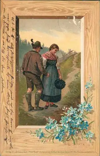 Ansichtskarte  Künstlerkarte Liebespaar Veilchen Alpen 1901 Passepartout