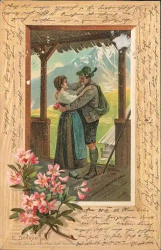 Ansichtskarte  Künstlerkarte Liebespaar Wildblumen Alpen 1901 Passepartout